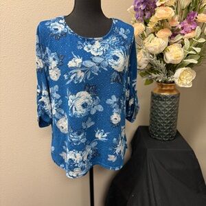 Rebecca Malone Petites Blue Floral Print 3/4 Sleeve Top PL